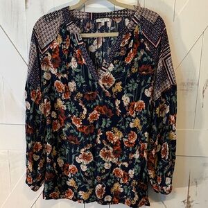 JODIFL Autumn Floral V-Neck Blouse Navy Orange